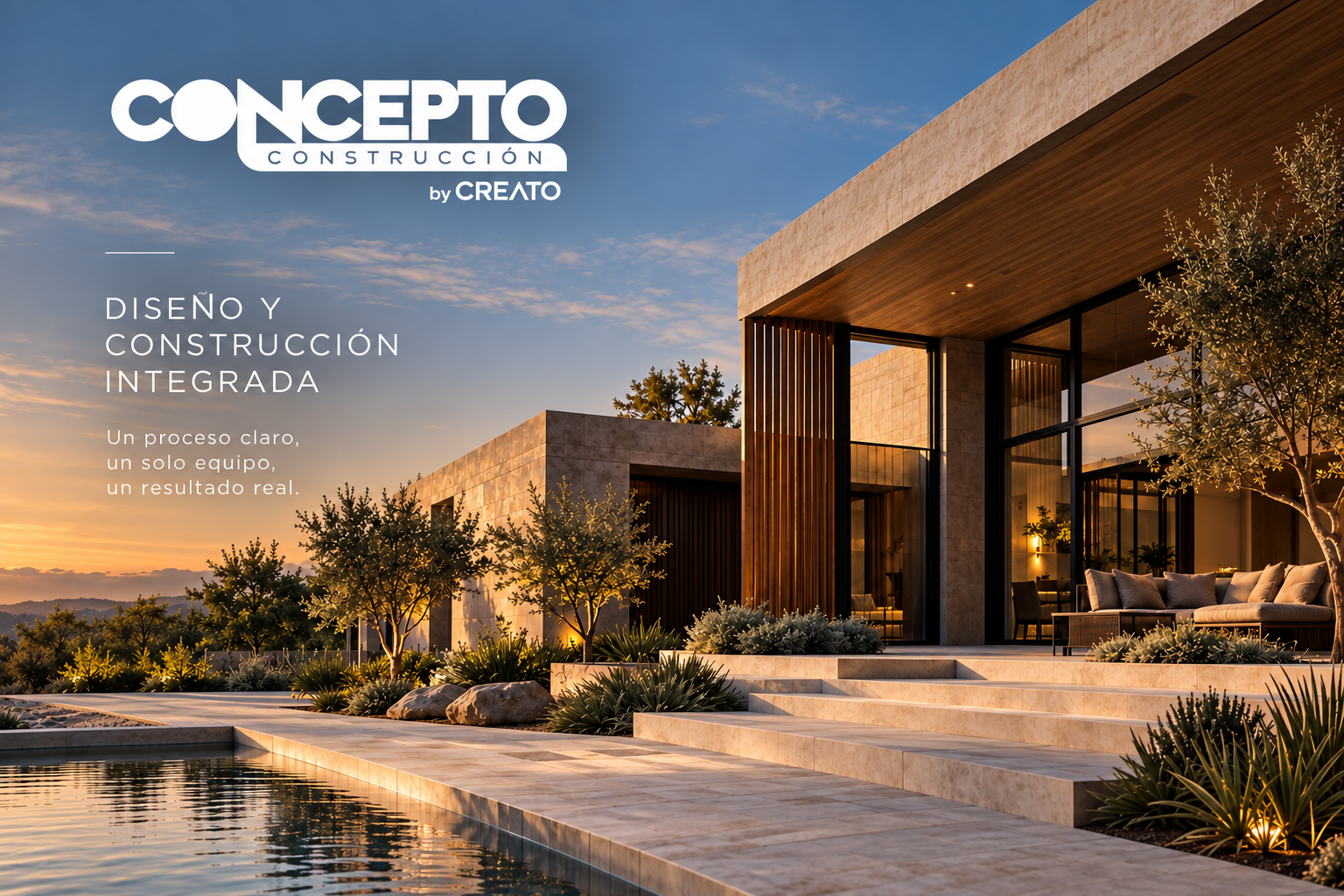 CONCEPTO Construcción by Creato: diseño y construcción integrada. Casa moderna al atardecer